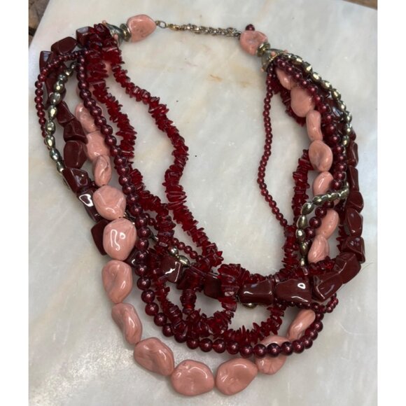 Multi-Strand Beaded Necklace With Red & Pink Stones - Picture 4 of 7